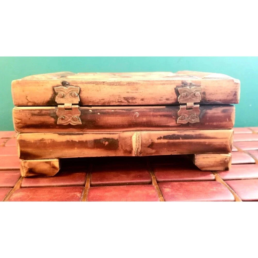Vintage Bamboo & Wooden Jewelry Box With Brass Hardware Felt Lined